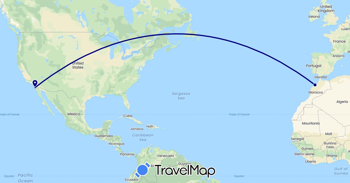 TravelMap itinerary: driving in Morocco, United States (Africa, North America)